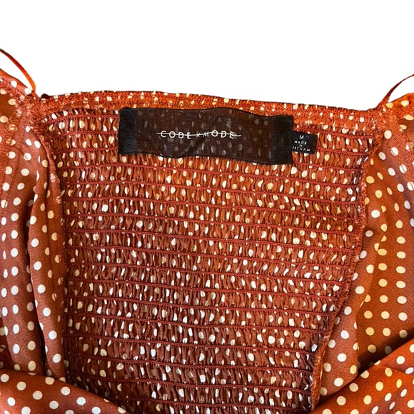 Brown polyester cropped top with white poker dots and puffy sleeves. Size Medium - Picture 3 of 4
